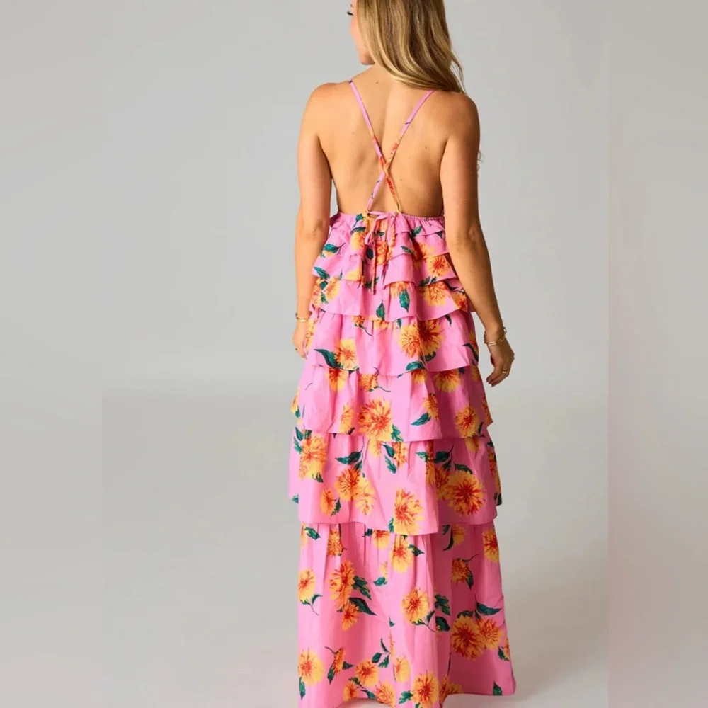 Viral Buddy Love Floral Sunflower Pink Ruffle Maxi Dress - Picture 5 of 9